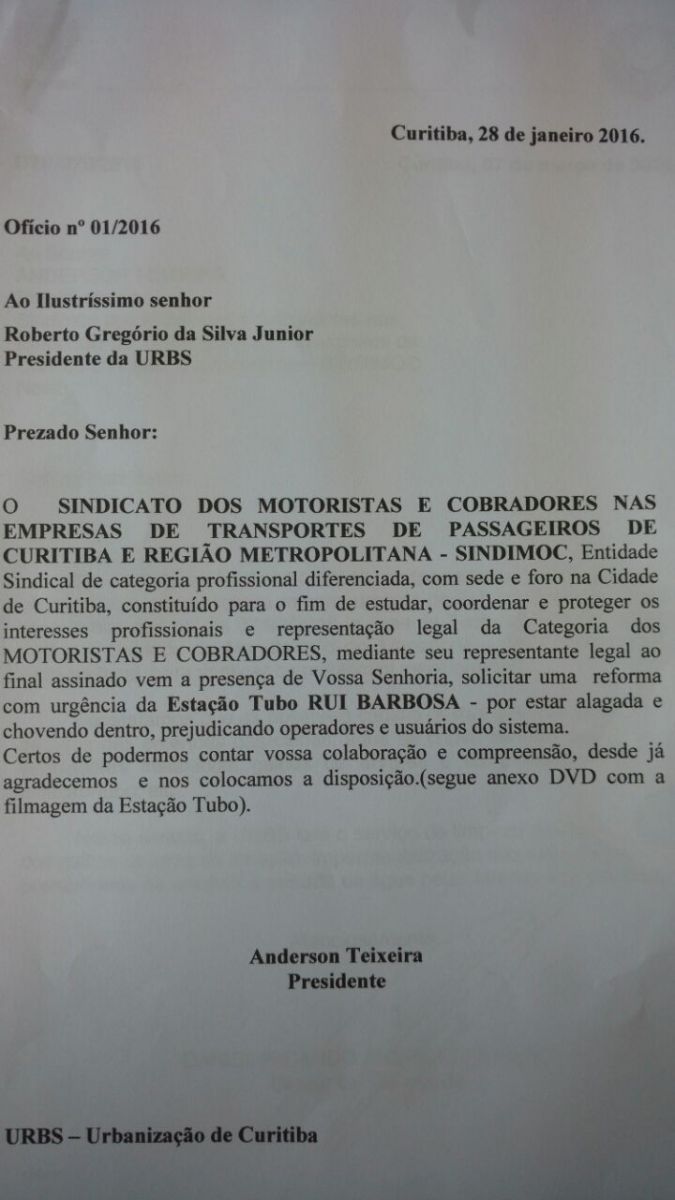 Ofício enviado pelo Sindimoc à URBS, em janeiro desse ano.